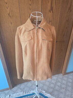 Studio Works Faux Suede Tan Jacket Ribbed Sleeves Women’s Size 12